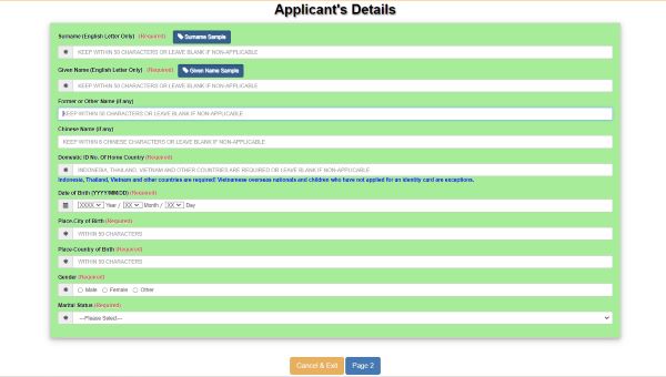 Applicant’s Details (Thông tin chi tiết người xin visa)