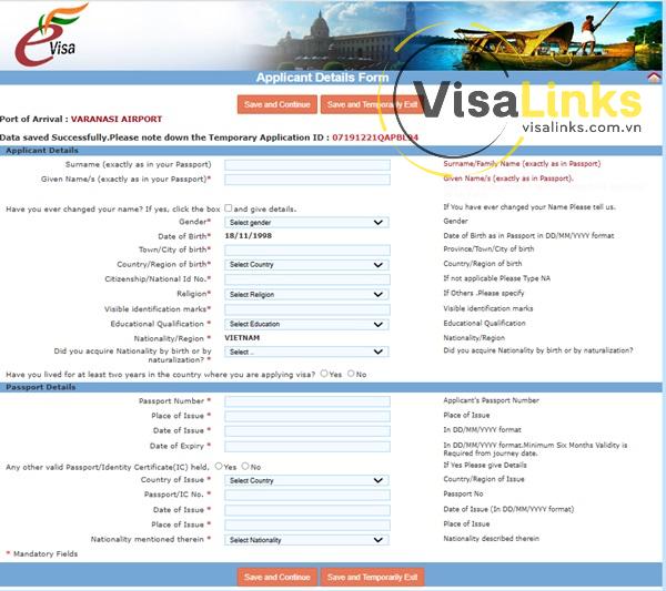 Điền thông tin người nộp đơn xin visa Ấn Độ công tác online