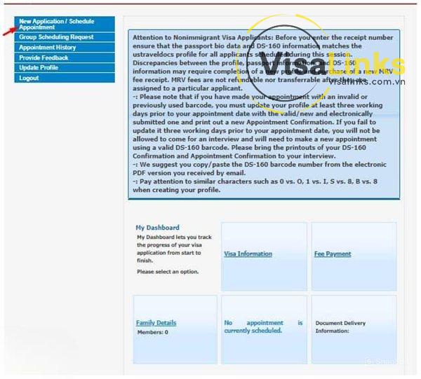 Chọn mục New Application/ Schedule Appointment