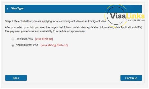 Chọn Nonimmigrant Visa (visa không định cư)