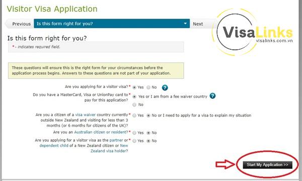 Chọn “Start My Application” để bắt đầu quá trình khai hồ sơ xin visa