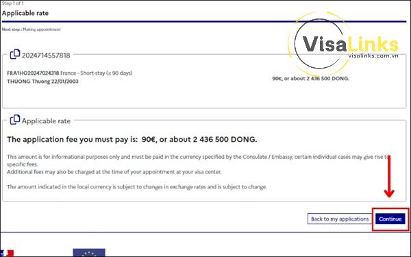 Thanh toán lệ phí xin visa Pháp