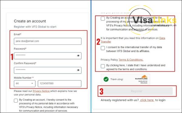 Tạo tài khoản trên website VFS Global