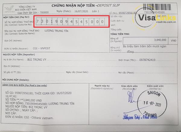Biên nhận nộp lệ phí qua đường bưu điện