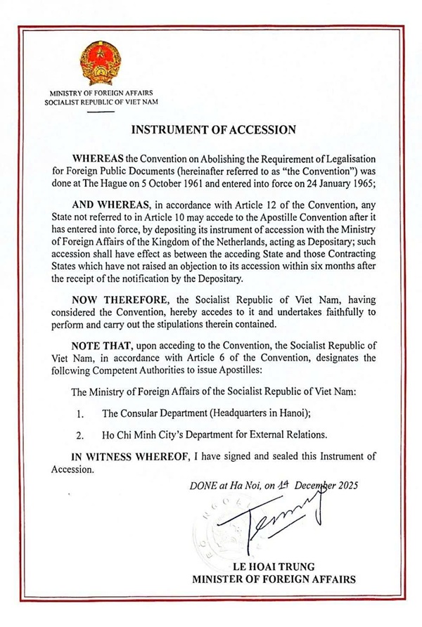 Việt Nam gia nhập Công ước Apostille