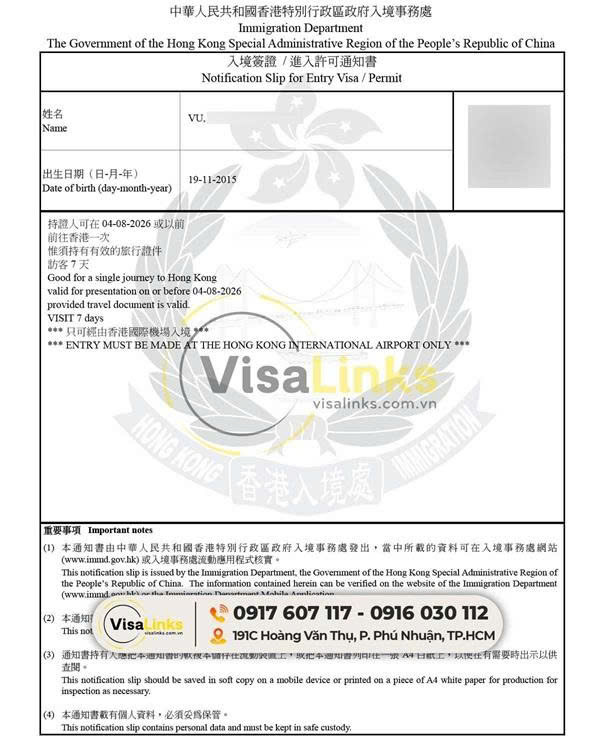 Chi phí làm visa du lịch Hong Kong