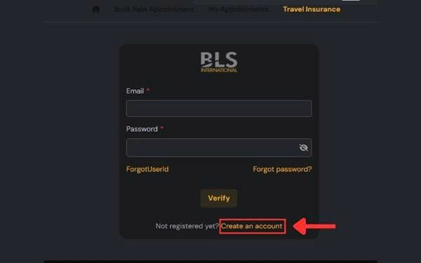 Chọn Create an account để tiến hành đăng ký nếu chưa có tài khoản BLS