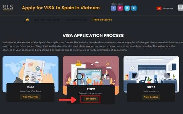 Chọn Book Now để truy cập vào hệ thống đặt lịch hẹn visa