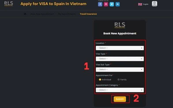 Điền thông tin và lựa chọn lịch hẹn phù hợp trên hệ thống BLS