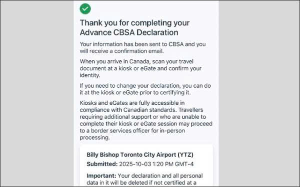 Thông báo Thank you for completing your Advance CBSA Declaration