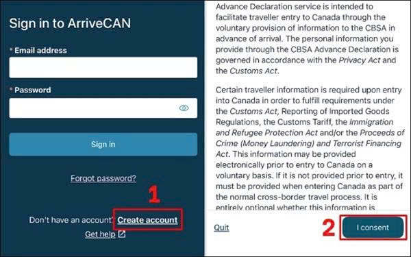 Tạo tài khoản trên ứng dụng ArriveCAN Canada
