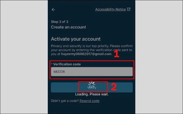Nhập mã xác minh và chọn mục Verify